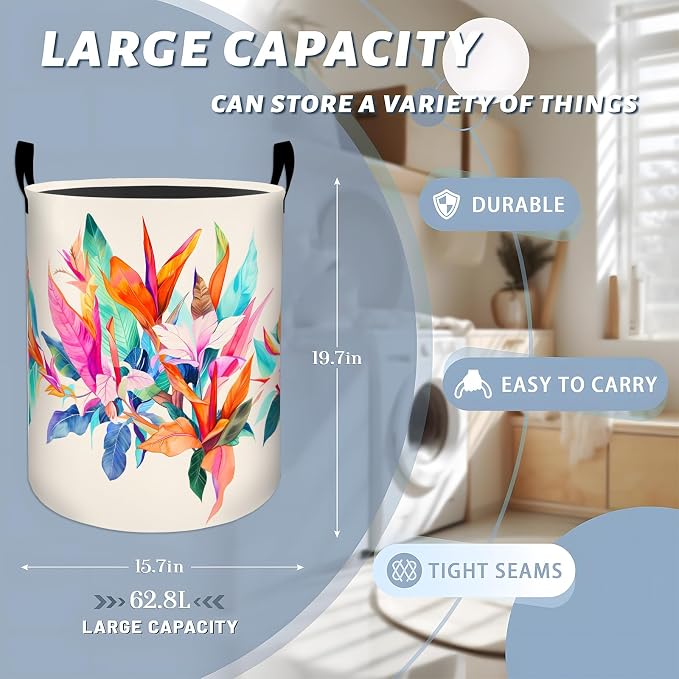 Bright Tropical Leaf Laundry Basket with Handles, 19.7"x15.7" Clothes Foldable Rainbow Colors Leaf Laundry Hamper Organizer for Dorm Nursery Bedroom Bathroom Decor, Toy Storage Bin for Kids