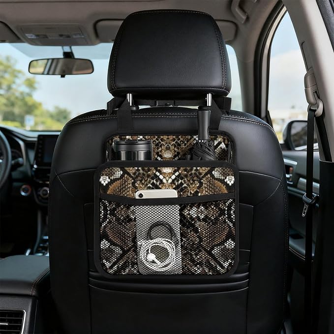 Seat Back Organizer for Car Hanging Pouch Backseat Storage Pocket, Cool | Snake Skin, Trash Bag Waterproof and Leakproof, Automotive Interior Accessories Road Trip Essentials