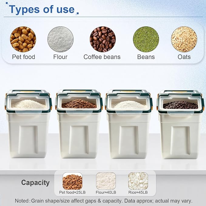 Saim 6Pack 50lb Flour & Rice Storage Container Bin, Dark Blue | BPA free plastic with seal lid, rolling wheels and measuring scoop for rice, flour, cereal and grain one-hand scooping