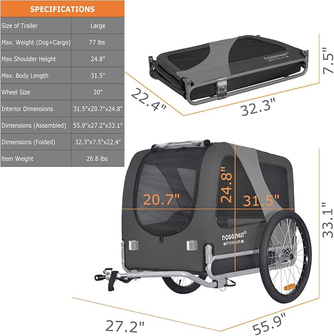 DOGGYHUT® Premium Large Pet Bike Trailer, Up to 77 lbs (Gray) | Bicycle Trailer for Small Medium or Large Dogs, Dog Bicycle Carrier, Low Center of Gravity, Folding Frame Cart