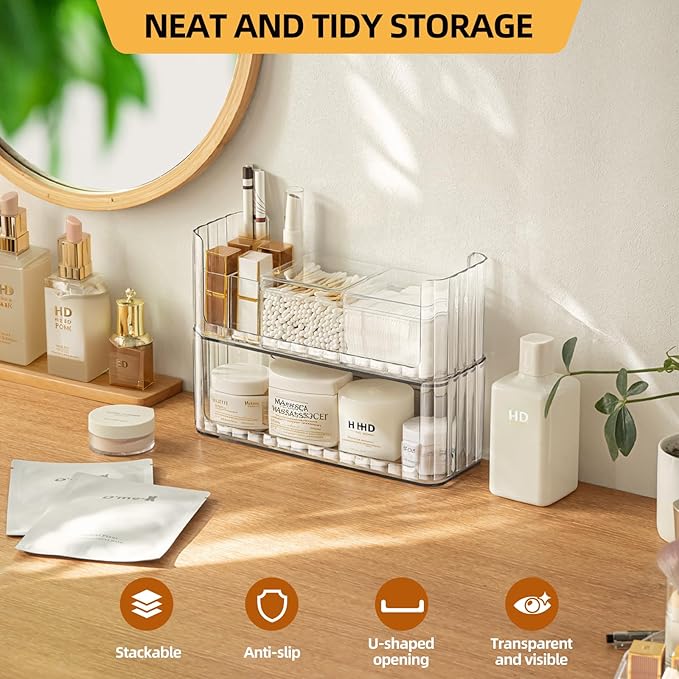 PAVSTINE 2-Tier Stackable Medicine Cabinet Organizer, Narrow Bathroom Makeup Organizer with Lipstick Holders & Cotton Swab Cases, Clear Countertop Shelf for Mirror Cabinet and Vanity