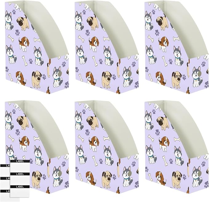 SPRIPORT Cute Pets Dogs Purple Print Water Resistant PP Magazine File Holder Organizer for Desk, Foldable Storage Rack for Office School Library Document Sorter with Labels 23x30x10cm (3 Pack)