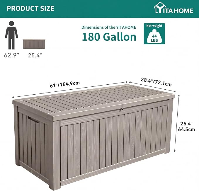YITAHOME 180 Gallon Large Deck Box w/Divider | XL Waterproof Outdoor Storage for Patio Furniture,Outdoor Cushions, Garden Tools, Sports Equipment and Pool Supplies, Resin