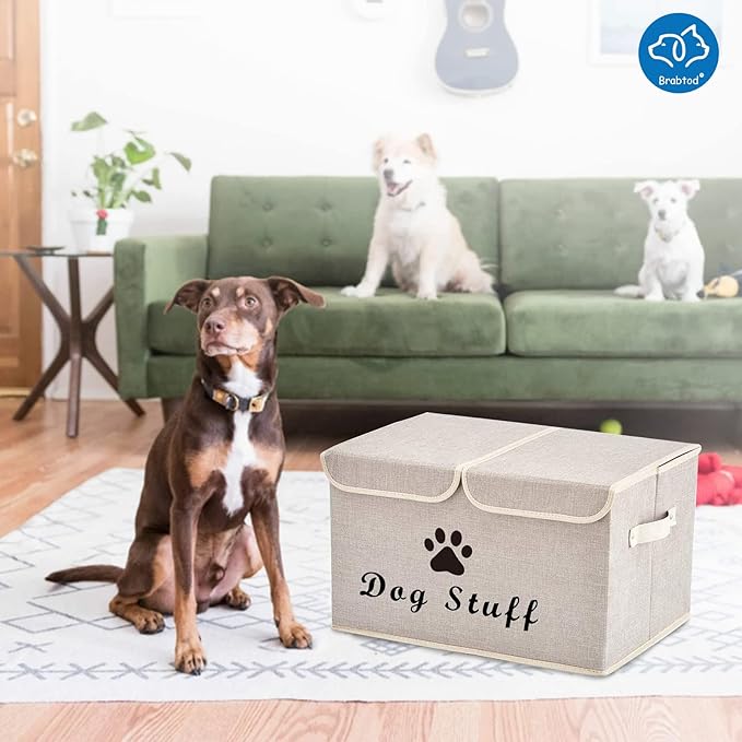 Large Dog Toys Storage Box Canvas Storage Basket Bin Organizer with Lid - Collapsible Linen Bin Ideal for Organizing Dog Cat Toys and pet Stuff-PP Boad-17" x 12" x 10" - Beige