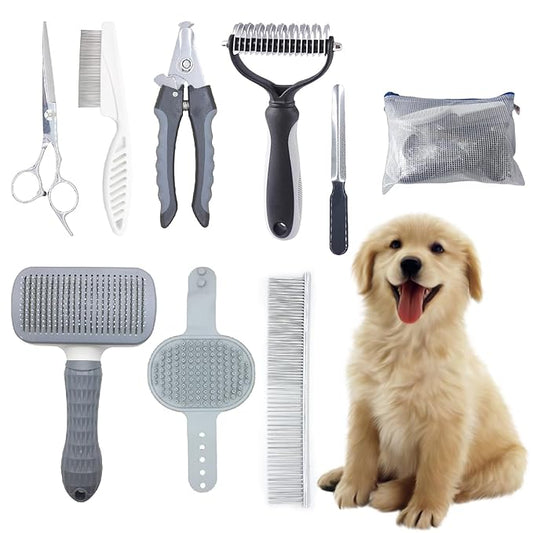 Pet Grooming Tools Kit for Dogs and Cats,8-in-One Home Pet Grooming Set,Includes Safety Scissors Set,Hair Removal Brush, Nail Clipper and File for Small Medium Large Dogs and Cats