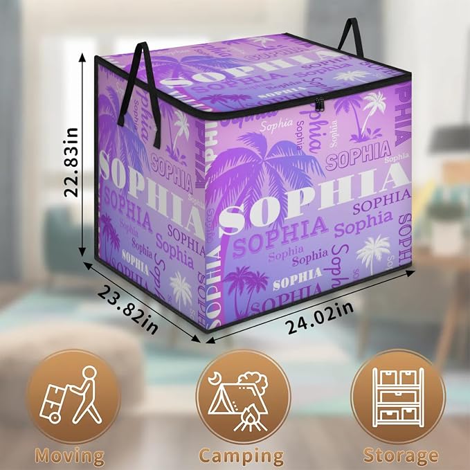 Personalized Storage Bins with Lid, Customized Name Jumbo Storage Basket Rectangle Clothes Organizer for Organizing Kids and Pets Toys Shelf Closet, Gradient Purple Tropical Trees Summer