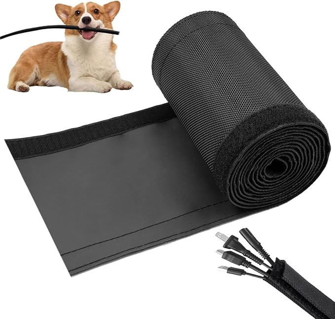 1.5" - 6.6 Ft Dog/Cat Cord Protector, Hook and Loop Cable Sleeve | Cable management sleeve; Reversible, flexible & cuttable; Split wire wrap for TV, USB, audio, computer and automotive; Black