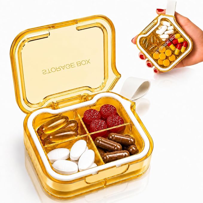 Travel Pill Organizer with Silicone Carry Loop, Small Pill Case | 4 Compartments Compact Pill Box for Vitamins Supplements Daily Medications, Purse Backpack Office