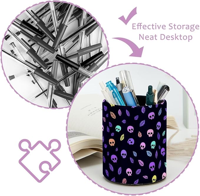 Faux Leather Pen Holder for Desk, Pencil Organizer Skull Pen Cup Desk Decor Makeup Brush Holder Storage for Office Home