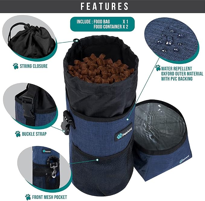PetAmi Travel Dog Food Bag Pet Collapsible Dog Bowls Set, Dog Kibble Bag, Pet Food Water Bowls for Dogs Cats, Foldable Waterproof Dog Camping Bowls Cup Dish Accessories for Hiking, Navy & Gray