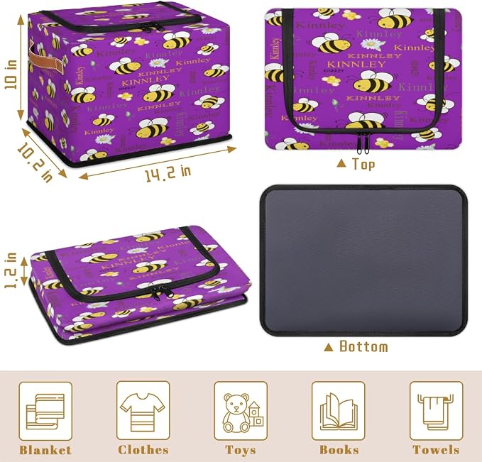 Custom Storage Baskets for Kids with Name, Dark Violet Purple Large Organizer Collapsible Storage Bin with Zipper Lid Leather Handle for Home Toys Closet Nursery, Bee with Daisy Floral
