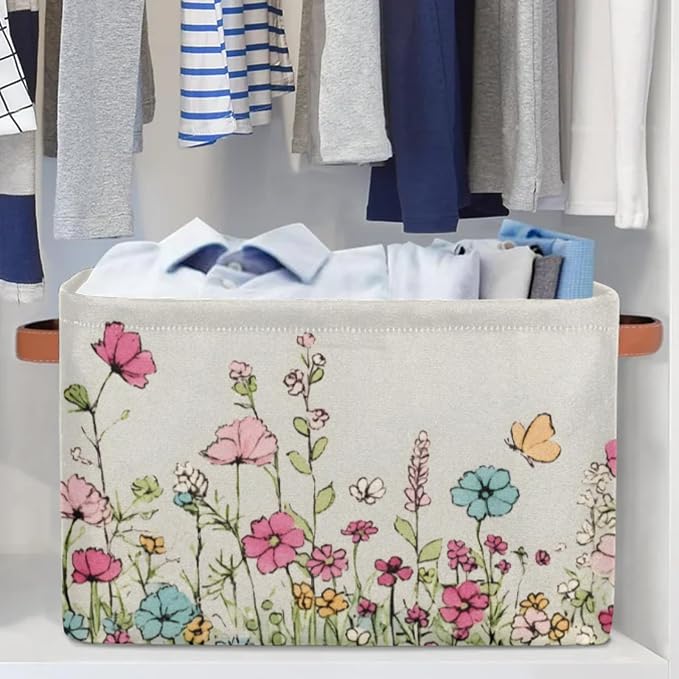 Rectangle Storage Baskets for Organizing - Foldable Storage Bin Cubes with Handles, Large Organizer Bins Boxes Toy Closet Shelf Nursery Laundry Basket, 1 Pcs(Wildflowers Floral)