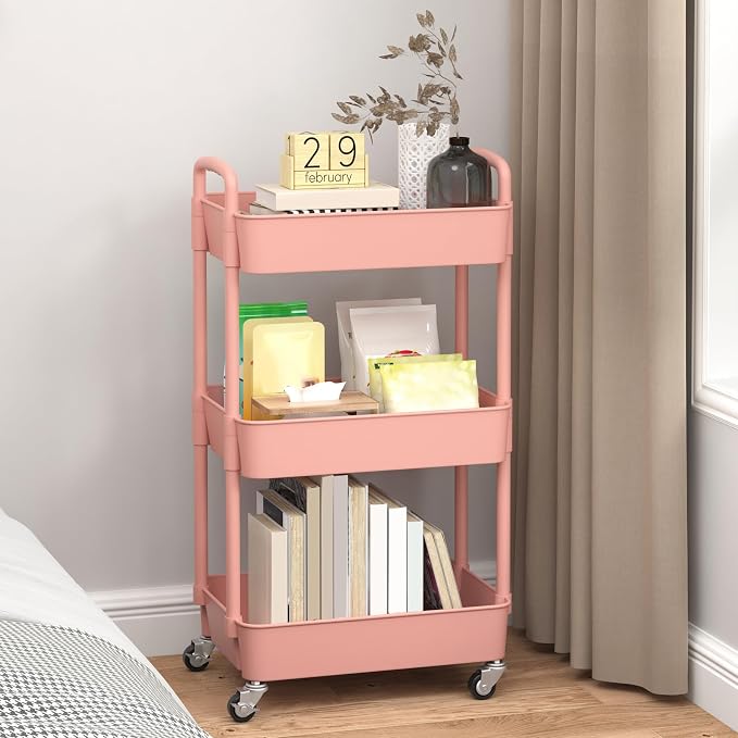 Sywhitta 3-Tier Plastic Rolling Utility Cart with Wheels for Storage, Pink | Multi-Functional Storage Trolley, for Office, Living Room, Kitchen, Bathroom,Movable Organizer,Space-Saving,Easy to assemble