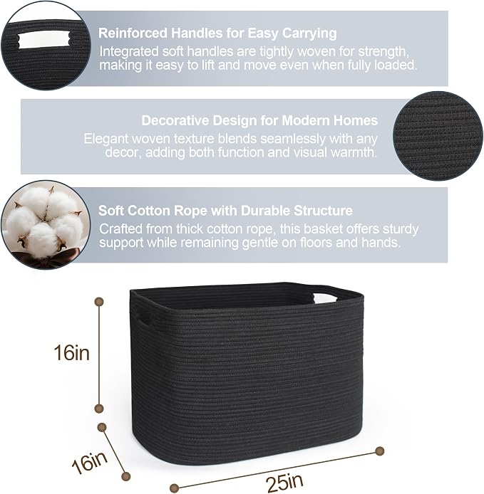 Large Black Basket for Blankets, 108L Rectangle Blanket Storage for Living Room, Jumbo Woven Rope Storage Basket, Oversized Kids Dog Toy Bin Box, Throw Pillow Holder Organizer, 25"x16"x16"
