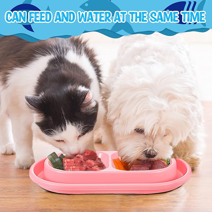 2 Pieces Cat Food Basic Dog Bowls 35oz Plastic Double Pet Food Water Bowls Feeding Bowl Tray Cat Eating and Drinking No Spill for Dogs Pets, Pink and Light Blue