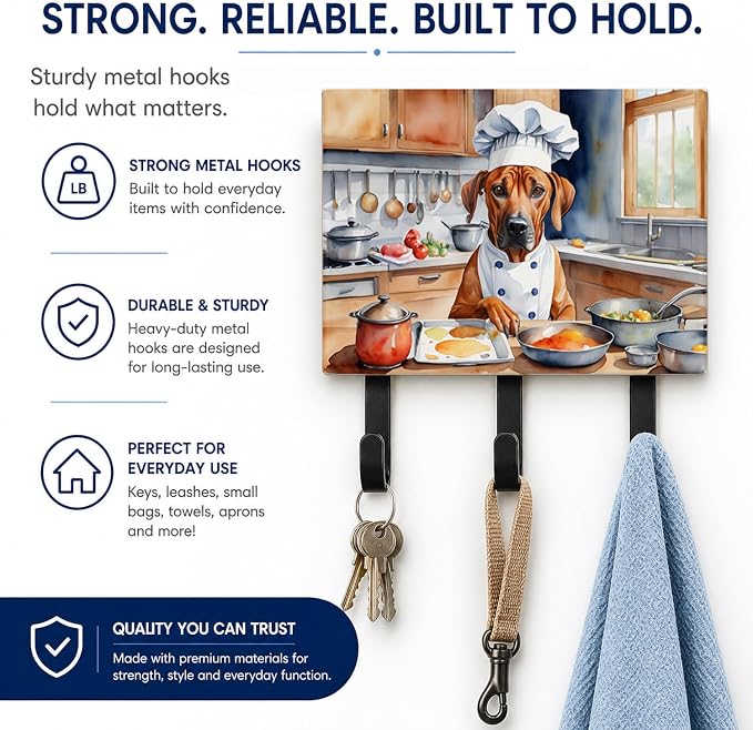 Caroline's Treasures Rhodesian Ridgeback The Chef Leash or Key Holder Wall Hooks, Key Hooks Holder, Coat Rack Wall Mount, Coat Hooks, Hooks for Hanging Keys, Towels, Aprons, Leashes | Rhodesian Ridgeback The Chef artwork on ceramic tile with three stee...