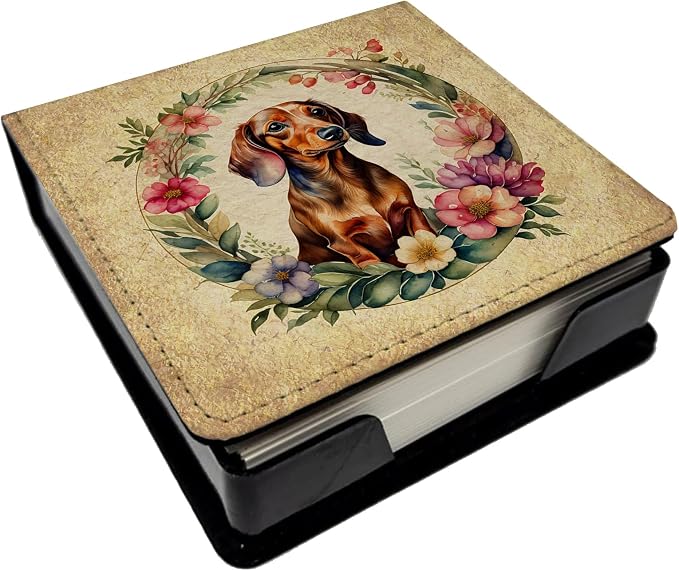 Caroline's Treasures Dachshund and Flowers PU Leather Note Paper Holder with Artist-Designed Cover, Desk Accessory, Office Gift