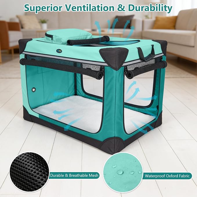 Ownpets Collapsible Dog Crate, 42 inch Portable Travel Dog Crate for Large Dogs, 4-Door Foldable Pet Kennel with Durable Mesh Windows & Soft Mat | Foldable, Portable, 4-Doors, 4-Side Mesh Windows, Steel Frame Oxford Cloth, Soft Cushion Mat, Leash, Easy...