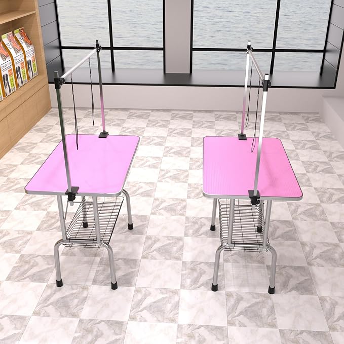 42" Pet Dog Grooming Table, Foldable Stainless Steel Frame Pet Drying Grooming Table Up to 330lbs, Professional Bathing Desk for Dogs at Home with Adjustable Overhead Arms, Noose, Mesh Tray, Pink