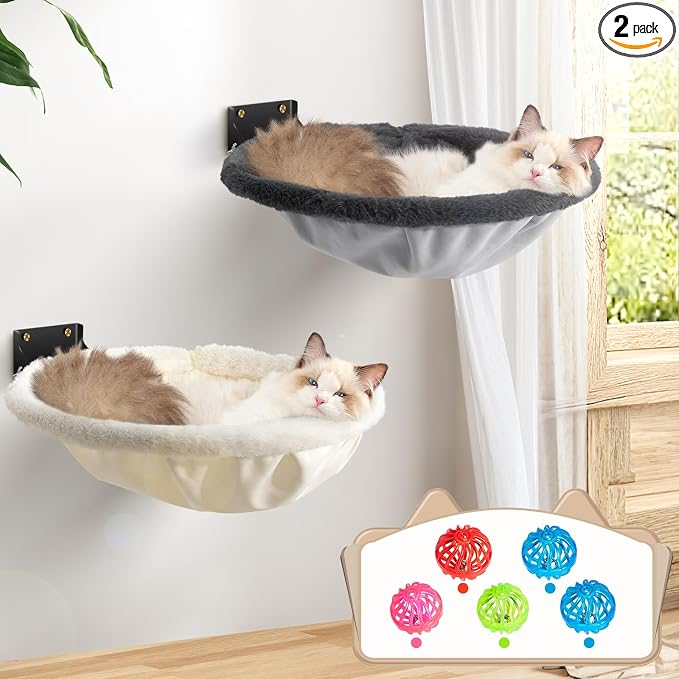 Cat Hammock Wall Mounted, Foldable & Stable Cat Beds- Breathable Cats Wall Shelves for Sleeping, Playing, Climbing, and Lounging - Maximum Hold Up to 30lb（Gray+Cream,Faux Rabbit Fur） | Foldable & Stable Cat Beds- Breathable Cats Wall Shelves for Sleepi...