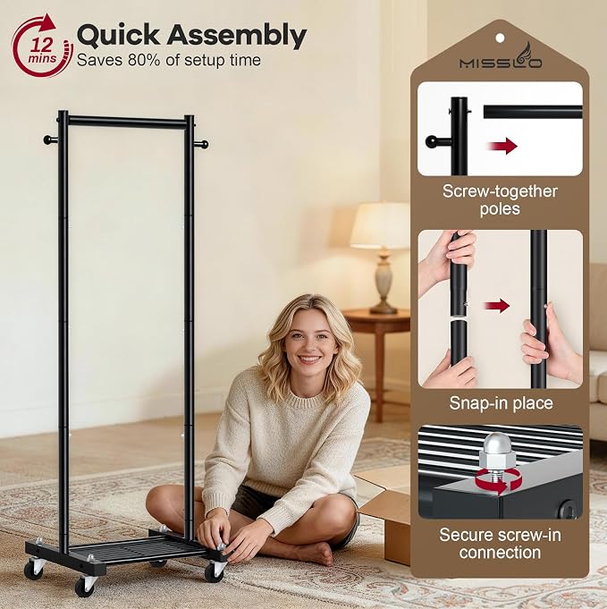 MISSLO Small Clothes Racks for Hanging Clothes Clothing Rack with Wheels 60" Metal Garment Rack with Shelves Portable Rolling Wardrobe Rack for Small Space, Black