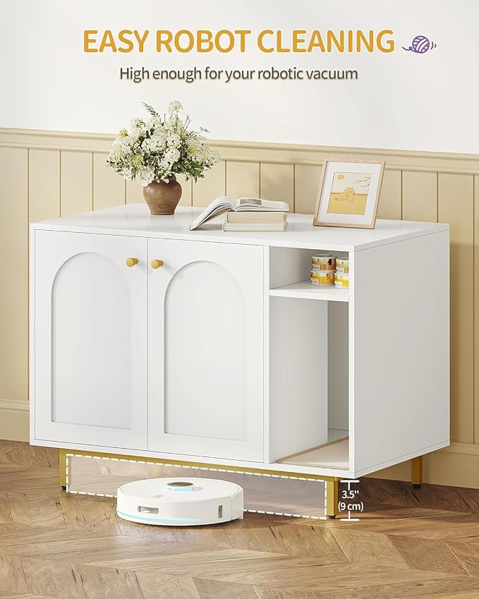 Hzuaneri Cat Litter Box Enclosure,Hidden Litter Box Furniture with Storage | Large Wooden Cabinet with Sisal Mat, Modern Cat Washroom for Living Room, Bedroom, Entryway, White and Gold CB84903A