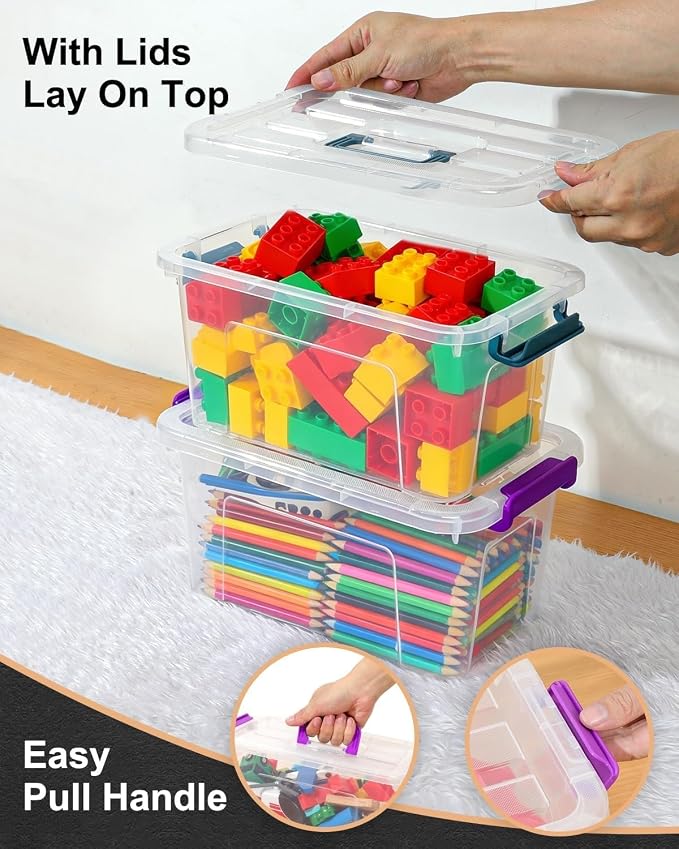 Storage Bins with Lids,7Qt Clear Stackable Storage Containers With Lids Buckle Latches.Perfect for LEGO, Crafts, Office Supplies, and Dorm Room Organization,6-Pack (Clear)