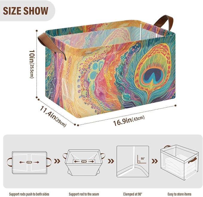 Colorful Boho Peacock Feather Storage Bins for Shelves with Labels&Handles Fabric Organizer Bin Foldable Rectangle Storage Basket Boxes for Closet, Bathroom, Home, Living Room