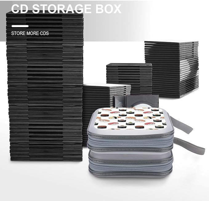 40-Disc CD/DVD Protective Case Kawaii Food Theme Japanese Sushi, Hard Plastic Binder with Zipper, Portable Storage Organizer for Travel Office