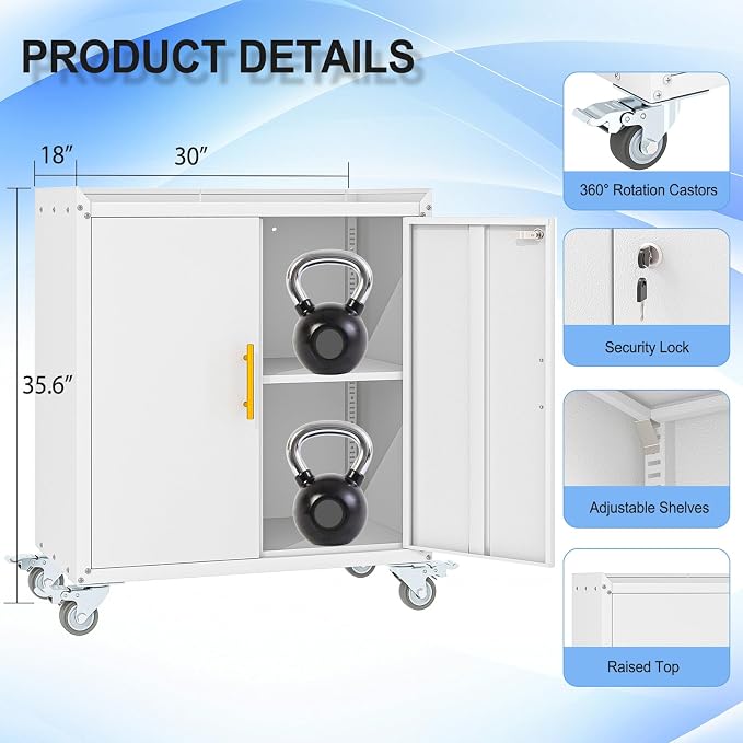 pozdeg 35.6" Rolling Metal Garage Storage Cabinet with Wheels & Lock, White