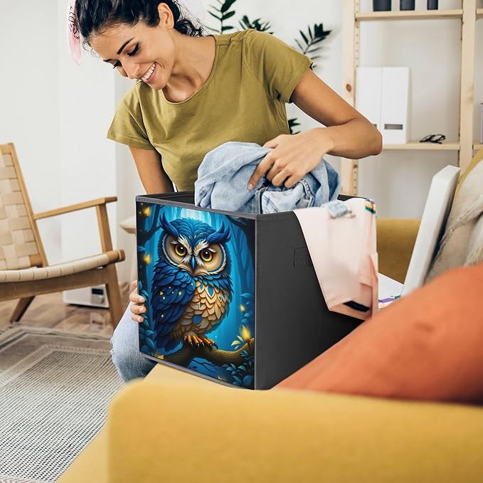 Moonlit Owl Foldable Storage Bins, 10.6" Cube Storage Organizer, Sturdy Oxford Cloth Fabric Baskets for Closet, Shelf, Nursery, Bedroom, Decorative Printed Box for Toys & Clothes