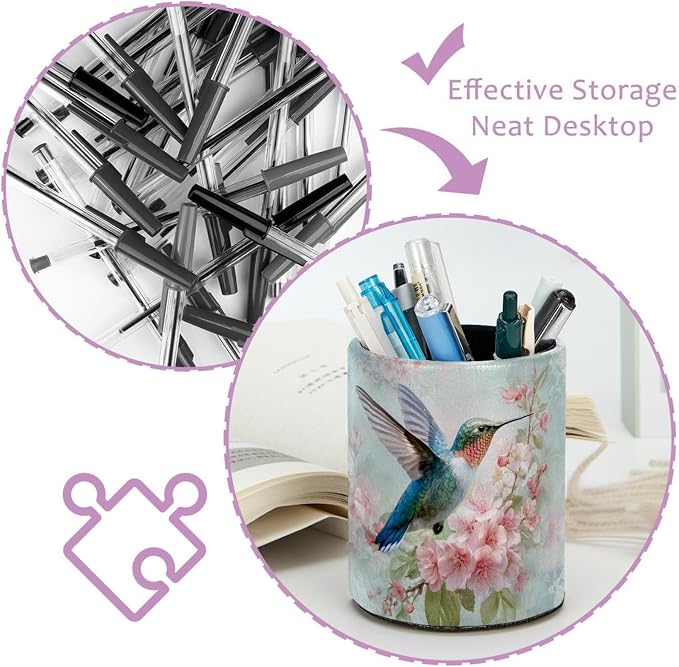 Faux Leather Pen Holder for Desk, Pencil Organizer Hummingbird Pen Cup Desk Decor Makeup Brush Holder Storage for Office Home
