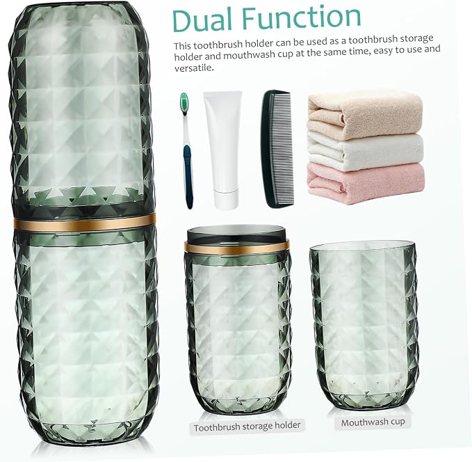 Travel Toothbrush Cup Holder with Lid Reusable PET Green | Covered Brush Case, Portable Organizer for Toiletries, Easy Cleaning, Multipurpose Use, Stylish Design