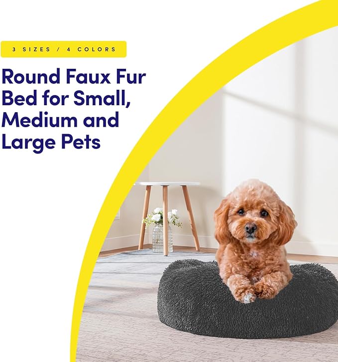 Dog & Cat Bed: Round Faux Fur Pet Bed - Plush, Cozy, & Calming Donut Bed for Small Pets - Soft & Comfortable Sleeping Cushion for Napping & Lounging, 20" Round, Dark Gray