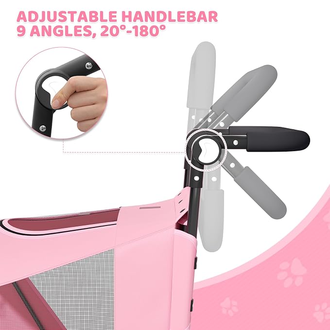 Magshion 3-Wheel Foldable Dog Jogger with Adjustable Handle, Pink | Pet Stroller for Medium Larges, All-Terrain Wheels, Dual Entry, Rear Storage, Breathable Mesh, Up to 55 lbs