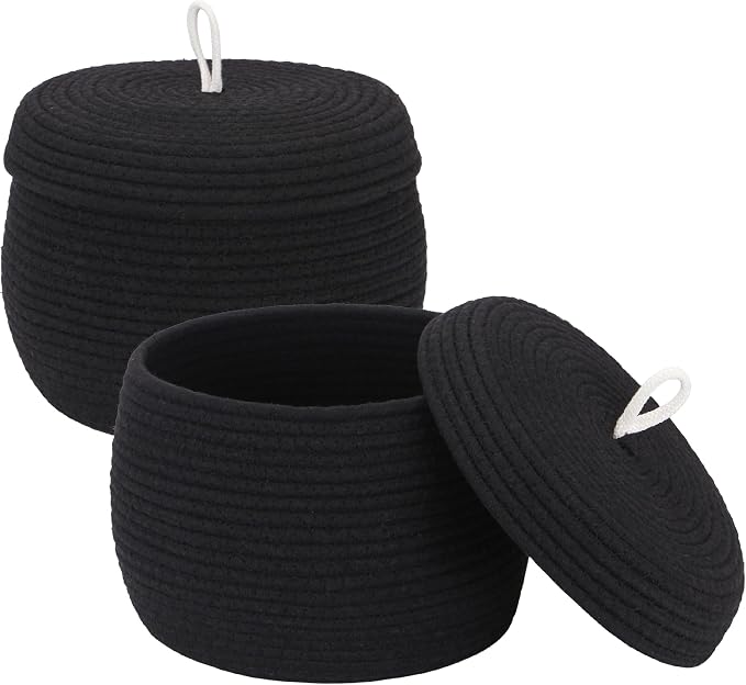 Sea Team Round Woven Cotton Rope Storage Basket with Lid, Black, 2-Pack | Lidded Knitted Decorative Storage Bin, Pot, Caddy, Organizer, Container for Snacks, Towels, Plants, 10 x 7.5 Inches