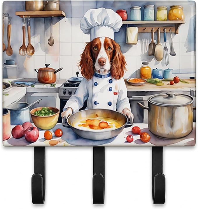 Caroline's Treasures Welsh Springer Spaniel The Chef Leash or Key Holder Wall Hooks, Key Hooks Holder, Coat Rack Wall Mount, Coat Hooks, Hooks for Hanging Keys, Towels, Aprons, Leashes | Welsh Springer Spaniel The Chef artwork on ceramic tile with thre...