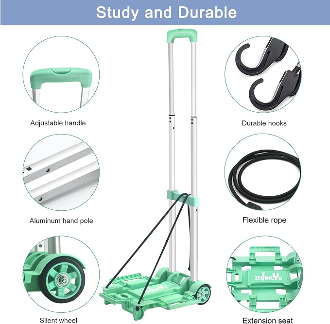 Folding Hand Truck Dolly Cart,Collapsible Shopping Trolley,Mini Lightweight Hand Dolly,Backpack Trolley,Luggage Cart,Aluminum Telescopic Rod,2 Wheel Trolley Expandable Large Chassis,Mint Green