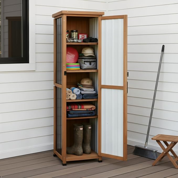 62" H Tall Narrow Outdoor Storage Cabinet with Metal Top, Outdoor Shed Storage Unit Waterproof with Adjustable Shelves for Garden, Patio, Living Room, or Entryway Storage, Black