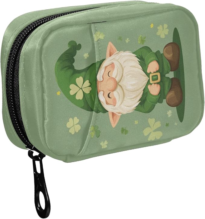 Fustylead St Patrick Day Cute Gnome Travel Pill Case Bag with Zipper Weekly Pill Box 8 Compartments 7 Day Personal Pill Case Purse Medicine Case Organizer