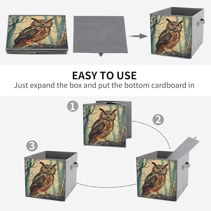An Owl, A Quiet Forest Foldable Storage Bins, 10.6" Cube Storage Organizer, Sturdy Oxford Cloth Fabric Baskets for Closet, Shelf, Nursery, Bedroom, Decorative Printed Box for Toys & Clothes