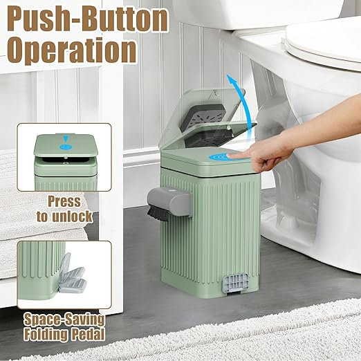 Dog Poop Trash Can for Outside & Indoor, 5L/1.3Gal Small Pet Waste Bin with Odor Control Carbon Filter, 2-Way Open (Step & Press Top), Dog Waste Container with Trash Bag Holder, Green