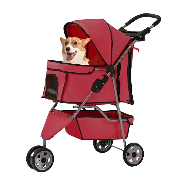 FDW Pet Stroller 3-Wheel Durable Foldable Cat Dog Stroller with Washable Liner Storage Basket Cup Holder,Red