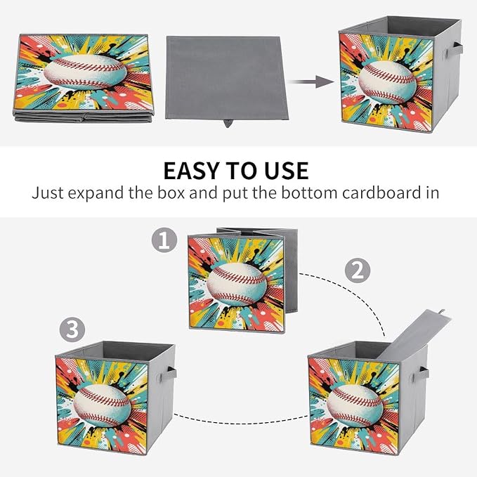 Baseball Pop Art Design Storage Bin with Handles, Oxford Fabric Foldable Storage Cube Organizer for Clothes, Towels, Bedroom, Living Room, Home Organization