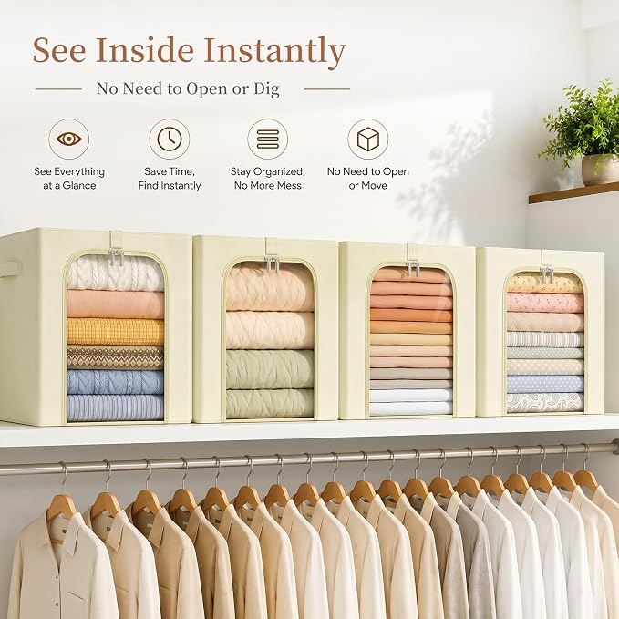 GoMaihe Clothes Storage Bins with Metal Frame for Closet, 40L 4-Pack Beige | Sweaters Hoodies Jeans T-Shirt, Closet Top Shelf Organizer, Collapse-Proof Stackable, Clear Window, Dual Access Space Saving