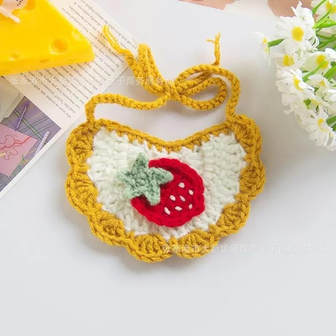 Handmade Cat Outfit – Yellow Flower Dog Hat & Strawberry Dog Costume for Cats,Rabbits and Small to Medium Dogs, Adjustable Cute Outfit for Cat Birthday, Holiday, Daily Wear & Photos