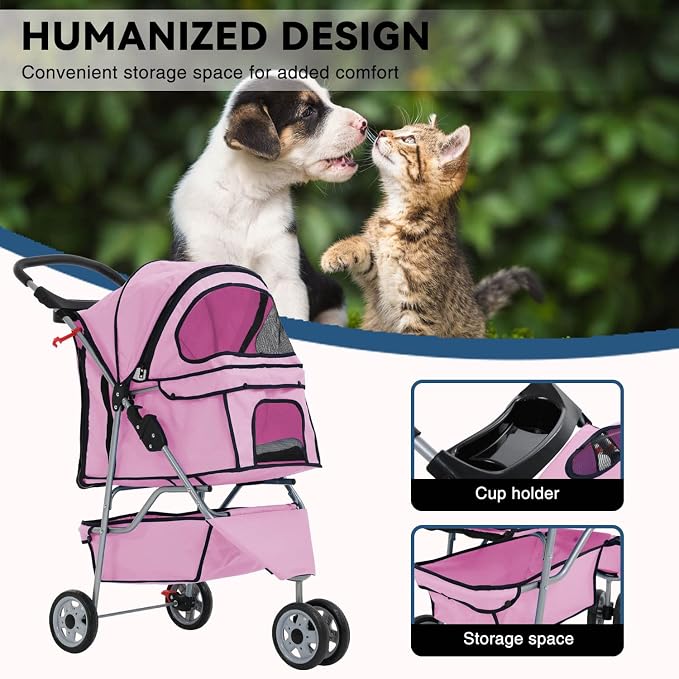 Puppy Stroller, 3 Wheels Pet Dog Cat Stroller, Folding Carrier Waterproof Puppy Stroller with Cup Holder & Removable Liner, Dog Strollers for Small Dogs, for Small and Medium Pets (Pink)