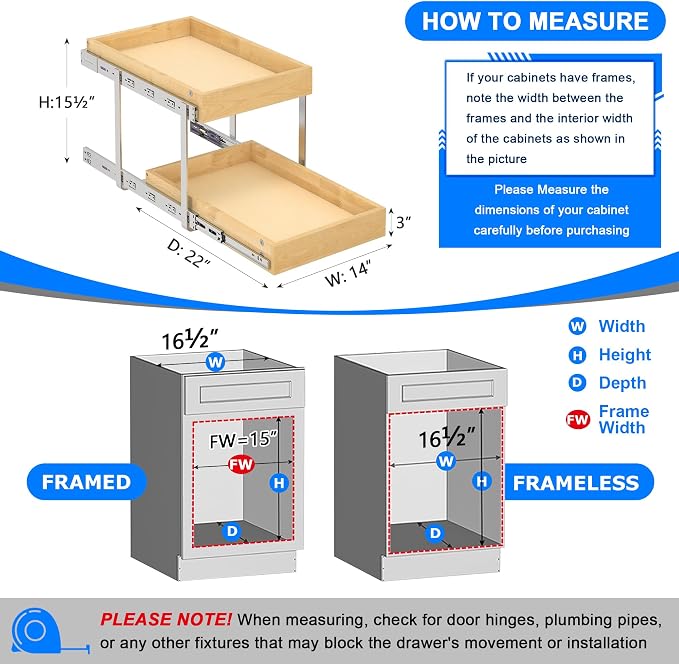 WelFurGeer 2-Tier Pull Out Cabinet Organizer with Soft Close Slides, Heavy-Duty Pull Out Drawers for Cabinets, Slide Out Shelf for Kitchen, Bathroom, Pantry & Under Sink, Solid Birch Wood