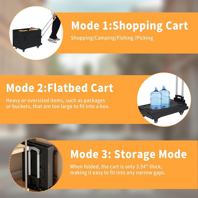 VECELO 88LHeavy-Duty 2-in-1 Foldable Utility Cart, Large Capacity Rolling Crate, Thickened Material with Silent Swivel Wheels, Dual Modes (Basket/Flatbed) for Grocery, Laundry, Camping, Black