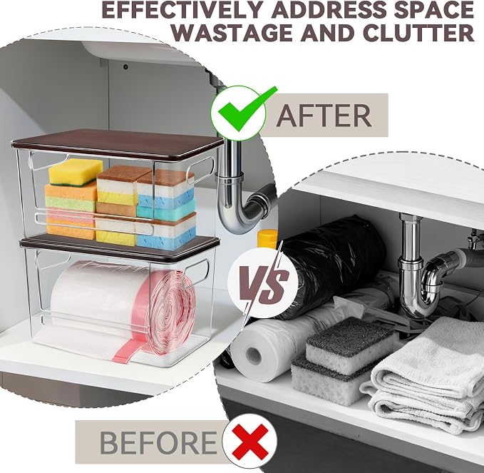Trash Bag Dispenser Under Sink Organizer for Pantry, Kitchen | Acrylic Garbage Bag Dispenser, with Brown Bamboo Top & Handles, Extra Large, Keep Onions and Potatoes Neat, Clear, Stackable